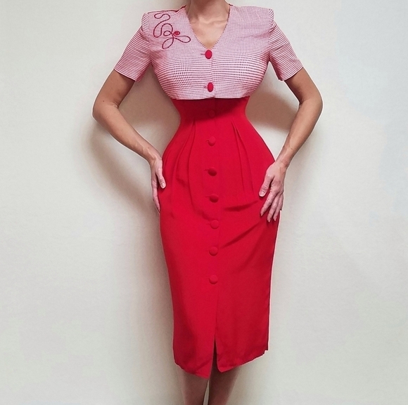 𝅺BRIOCHE 80s Vintage Red Gingham Plaid Cropped Jacket Tie Pleated Wiggle Dress - Picture 2 of 16